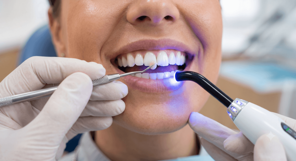Dentist applying composite resin and a curing light during a dental bonding treatment