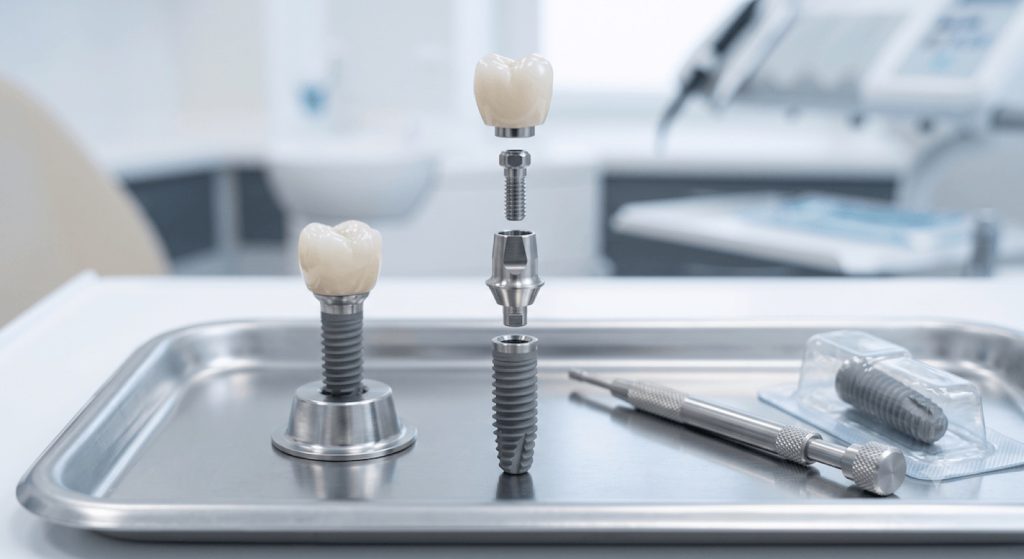 Dental implant post, abutment and crown laid out on a sterile tray