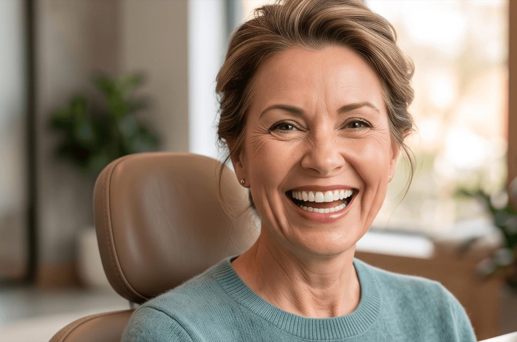 Smiling patient in the dental chair after receiving custom dentures