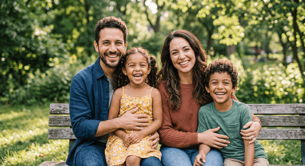 Parents and two children smiling outdoors — family and preventive dentistry for all ages at Chemi Dental