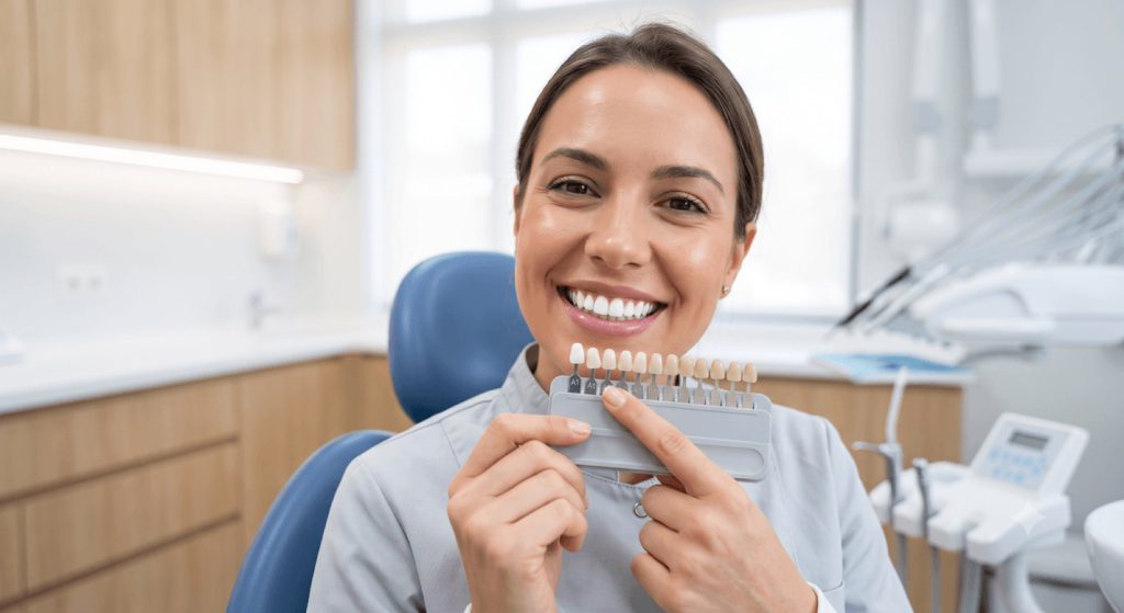Patient comparing tooth shades with a whitening shade guide at Chemi Dental in Horizon City, TX
